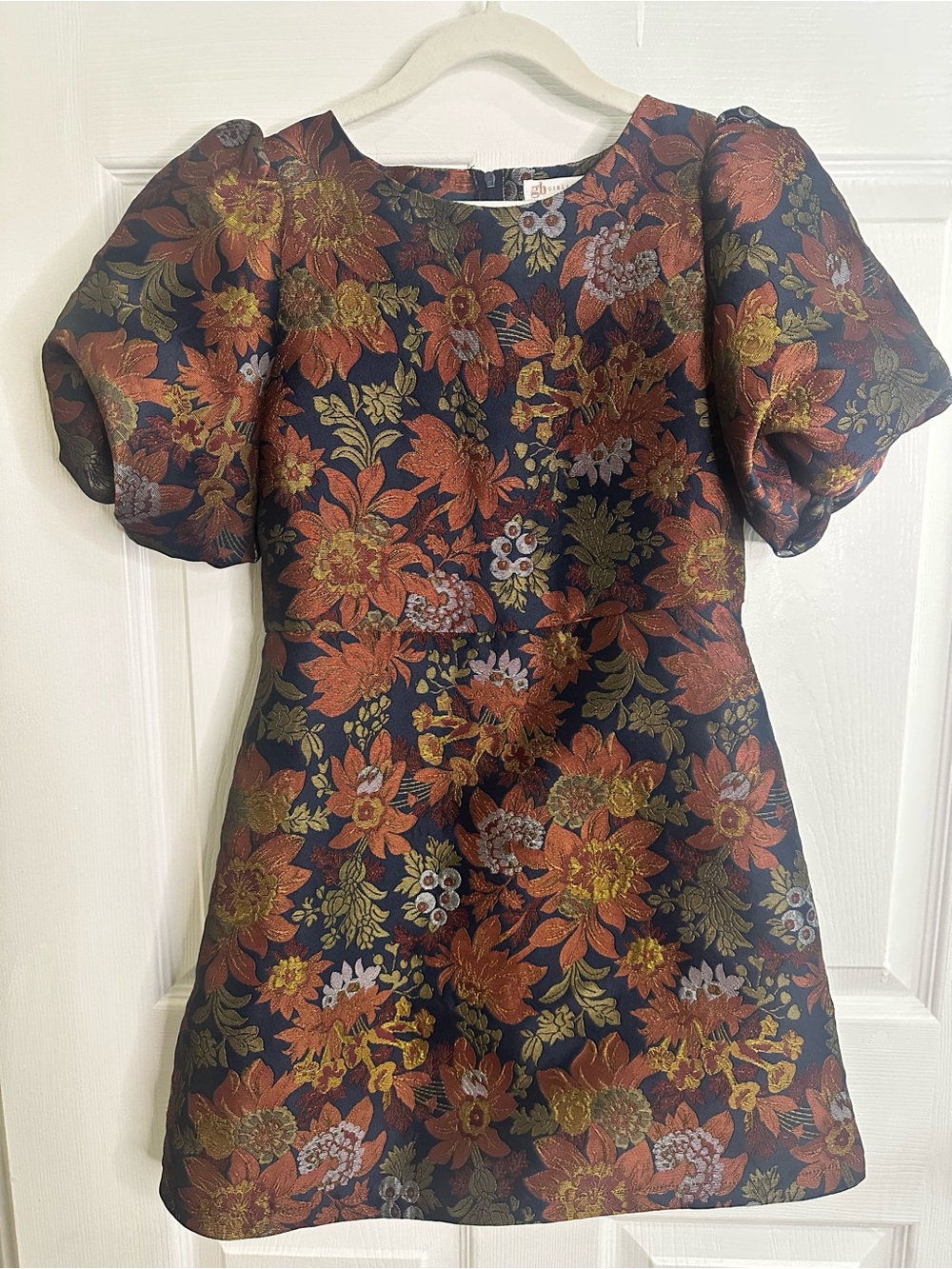 Girls Gianni Bini Floral Jacquard Puff Sleeve Dress Gold Flowers